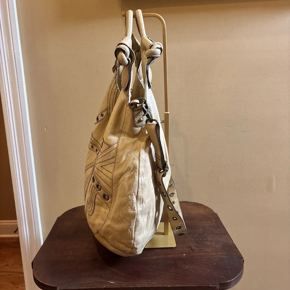 Betsey Johnson Vintage Leather Hobo Tote Bag Beige Studded Boho Shoulder Purse
